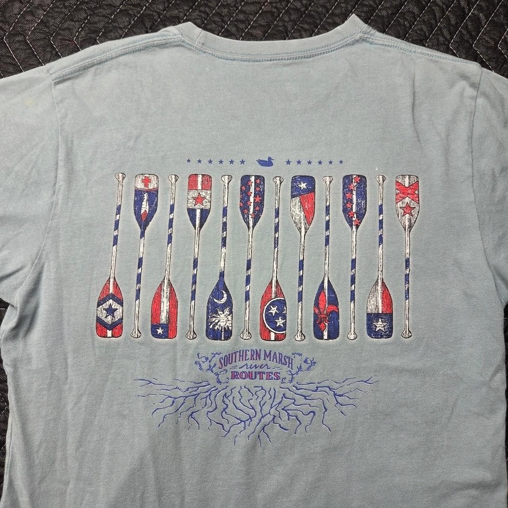 Southern Marsh Mens Small Blue River Routes Oar Graphic Pocket T-Shirt Cotton